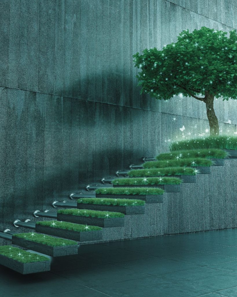 Moss-covered steps leading upward toward a bright green tree, symbolising slow, gentle progress and recovery.