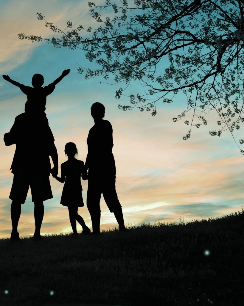 Silhouette of a family of four standing together, with one child lifted onto an adult's shoulders.
