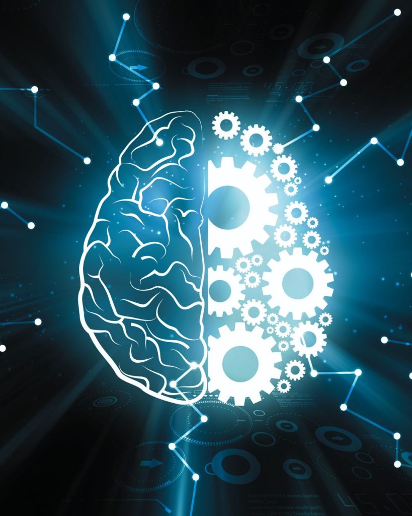 Illustration of a brain with cogwheels on one side, symbolising the Rewind Technique's role in reprocessing traumatic memories safely and efficiently.