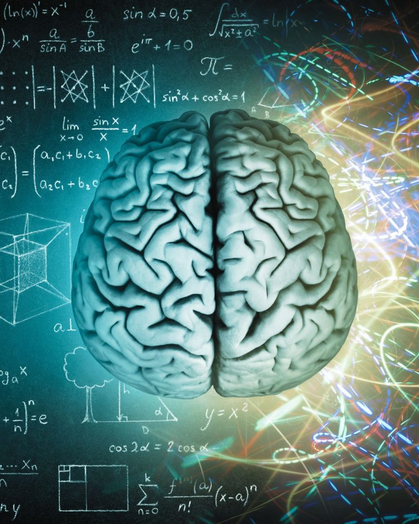 Illustration of a human brain with mathmatical patterns and light trails, symbolising EMDR's role in processing trauma through bilateral stimulation.