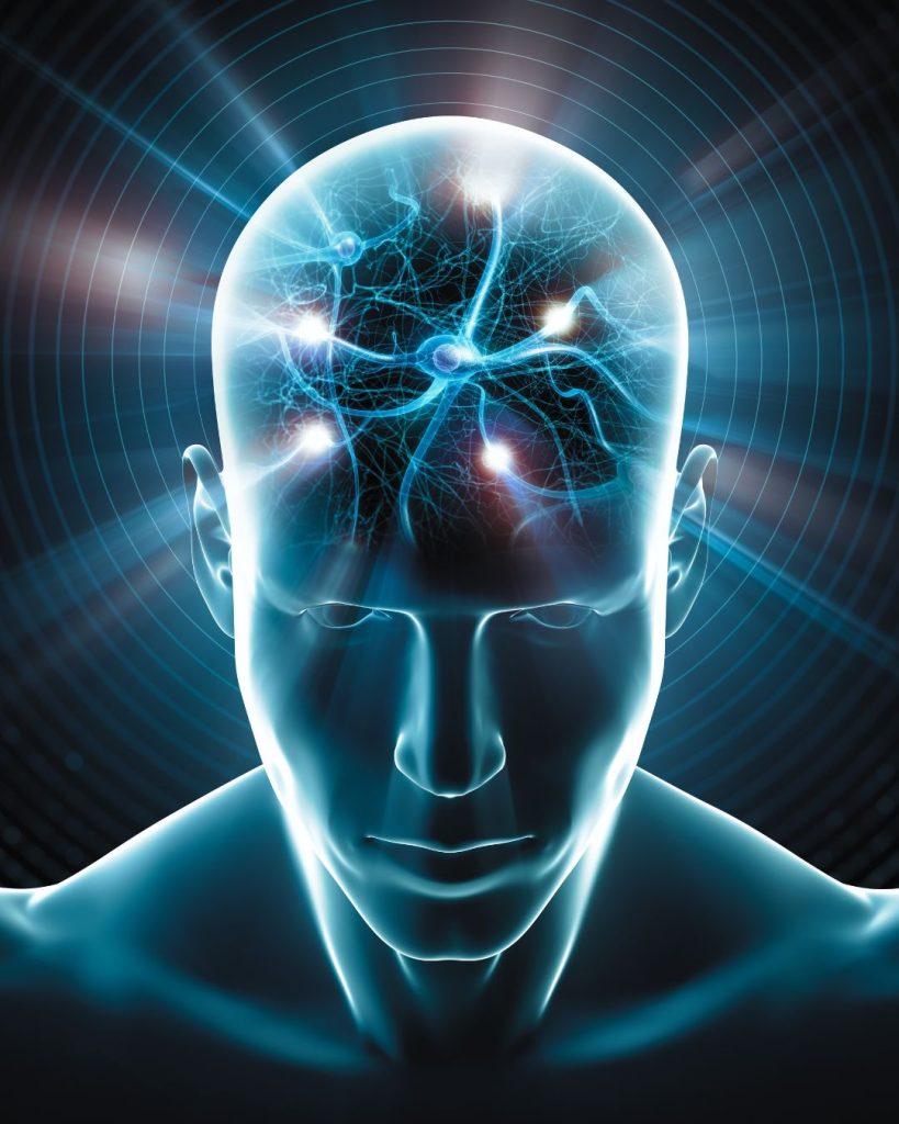 Digital illustration of neural pathways lighting up inside a head, symbolising rapid trauma processing and emotional relief using Flash Technique